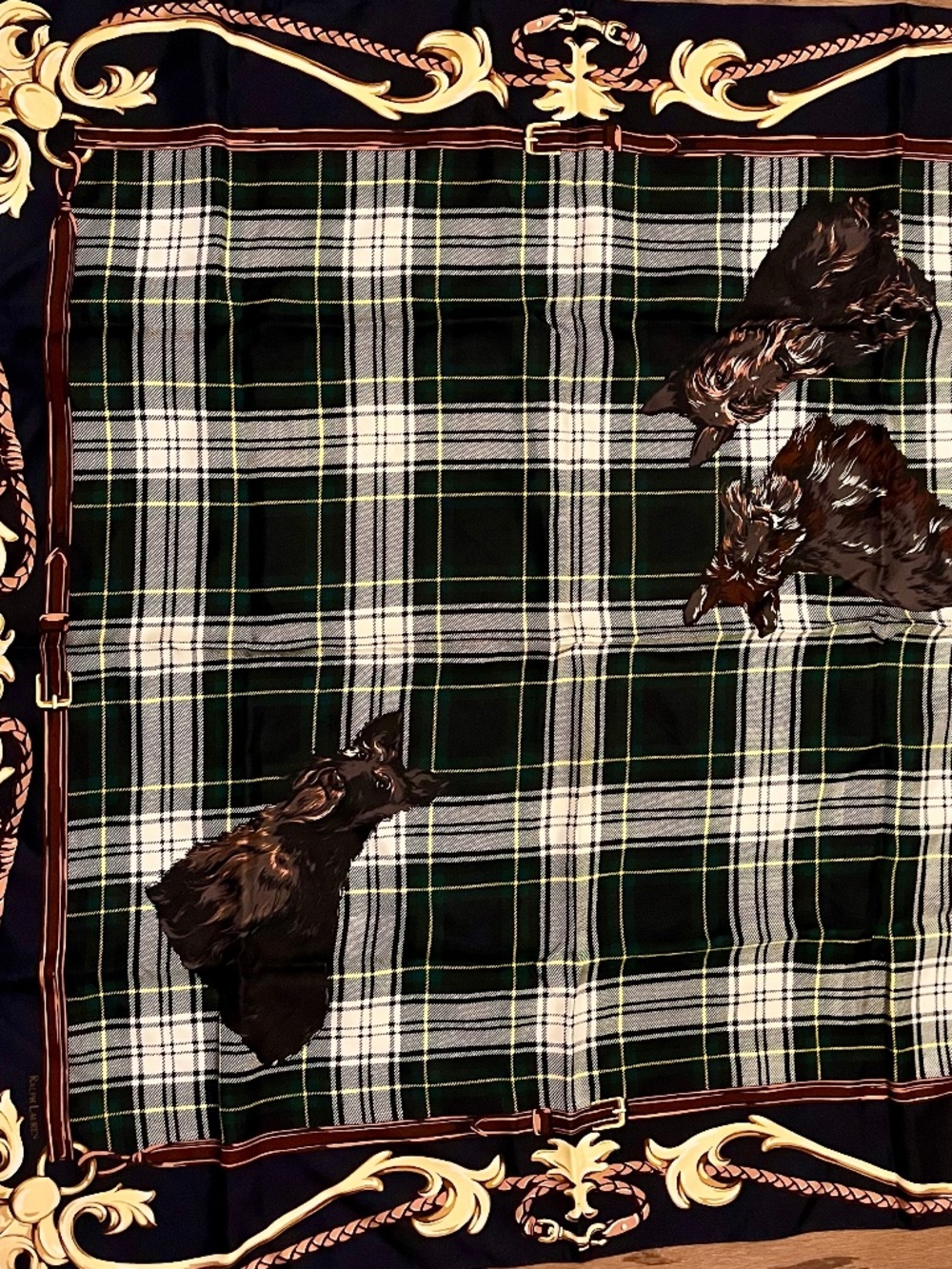 Ralph Lauren Vintage Silk Scarf - Scottie Dogs - Navy Gold - 35"